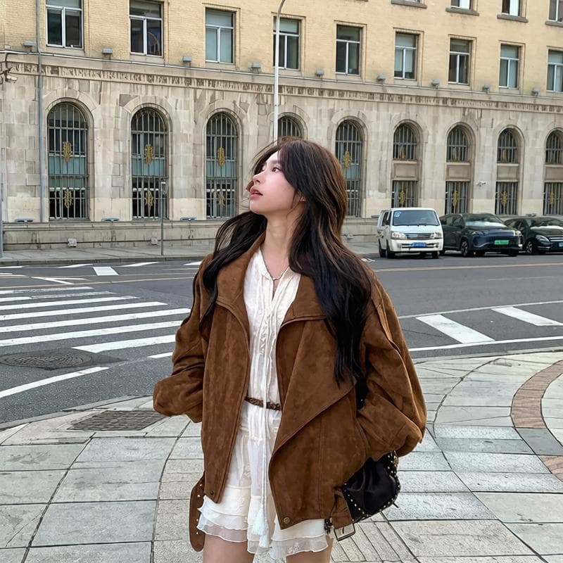 ddang 스웨이드 원단 오토바이 재킷 가을 레트로 아름다움 라드. 캐주얼 루즈핏 느긋한 폴로 칼라 프로필 모양 재킷 여성 이미지 4