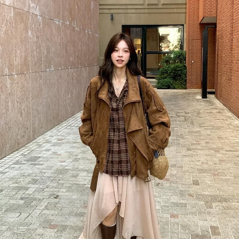 ddang 스웨이드 원단 오토바이 재킷 가을 레트로 아름다움 라드. 캐주얼 루즈핏 느긋한 폴로 칼라 프로필 모양 재킷 여성 이미지 5