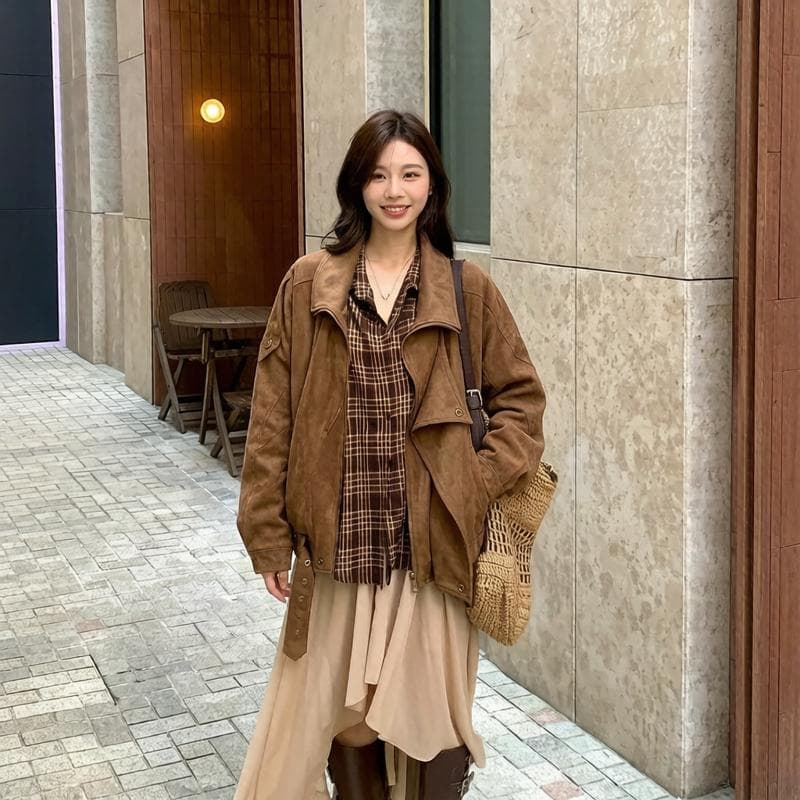 ddang 스웨이드 원단 오토바이 재킷 가을 레트로 아름다움 라드. 캐주얼 루즈핏 느긋한 폴로 칼라 프로필 모양 재킷 여성 상세 이미지 1