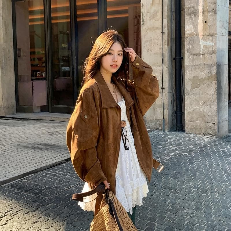 ddang 스웨이드 원단 오토바이 재킷 가을 레트로 아름다움 라드. 캐주얼 루즈핏 느긋한 폴로 칼라 프로필 모양 재킷 여성 상세 이미지 2