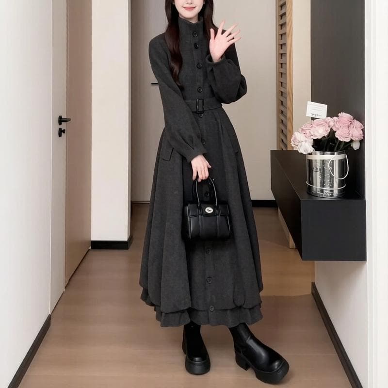 프랑스식 스탠드 칼라 긴팔 여성 드레스 가을 2026 새로운 허리 수축 슬림해 보이는 한 마디 롱 스커트 고급 센스 품격 이미지 4