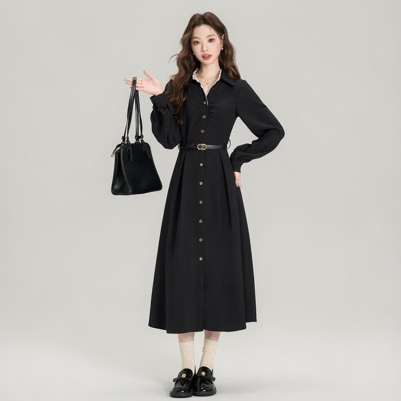 다우 시시 사슴 프랑스식 그는 벤 바람 검정색 polo 여성 드레스 가을 고급 센스 교 자본금 면접 허리 수축 셔츠 드레스 이미지 4