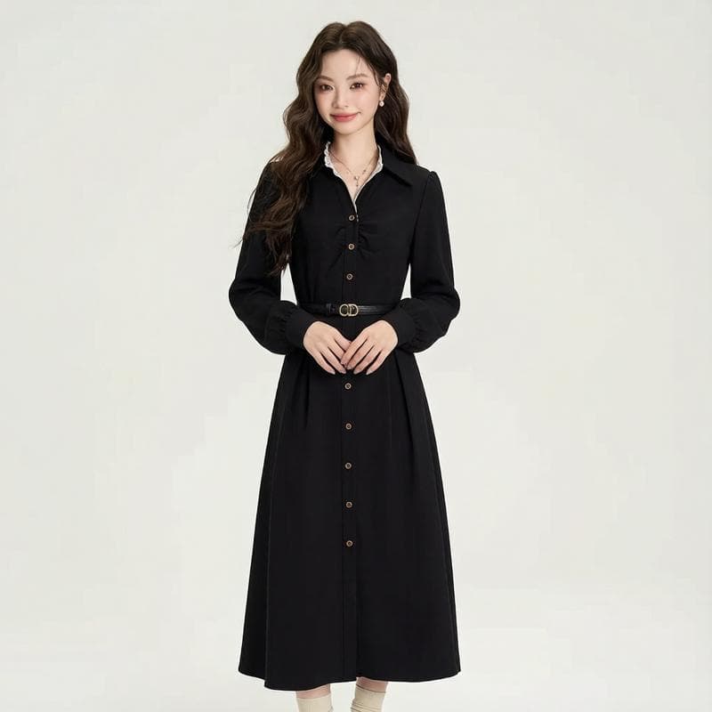 다우 시시 사슴 프랑스식 그는 벤 바람 검정색 polo 여성 드레스 가을 고급 센스 교 자본금 면접 허리 수축 셔츠 드레스