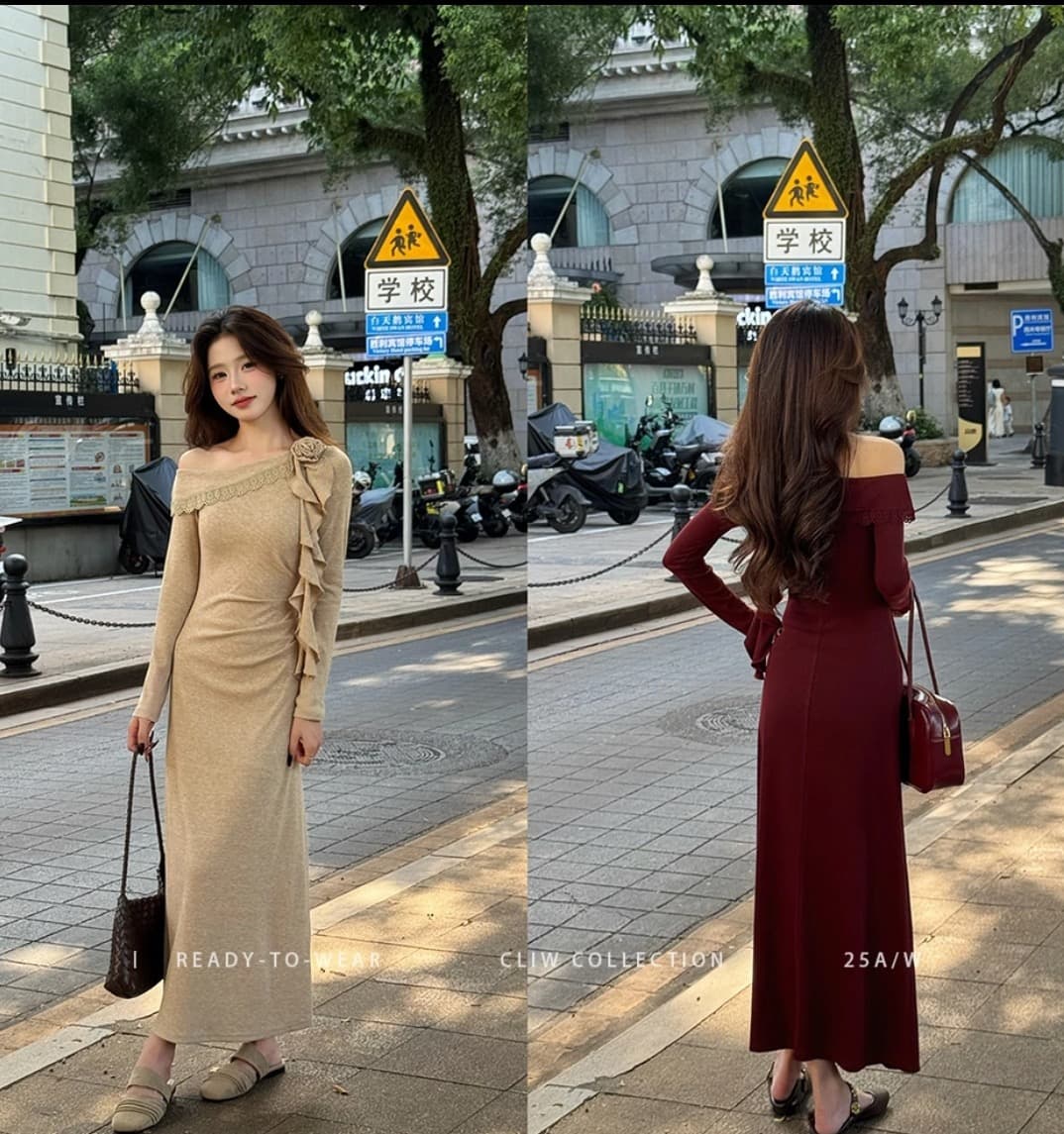 오프숄더 긴팔 점프 슈트 치마 여성 의류 가을 2025 새로운 이른 가을 착용 가져 가라. 자이언트 잘 생긴 비스듬한 어깨 타이트 스커트 롱 스커트 상세 이미지 3