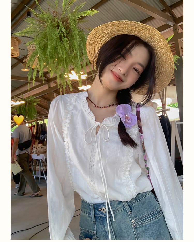 남쪽 법 가을의 날 프랑스식 레이스업 레이스 칼라 2026 화이트 여성 셔츠 작은 키 Chic 부드러운 바람 셔츠 상세 이미지 2