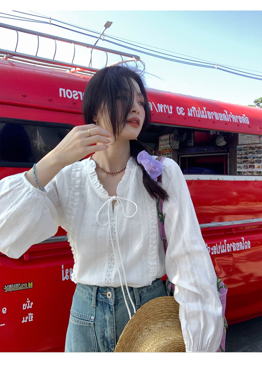 남쪽 법 가을의 날 프랑스식 레이스업 레이스 칼라 2026 화이트 여성 셔츠 작은 키 Chic 부드러운 바람 셔츠 상세 이미지 11
