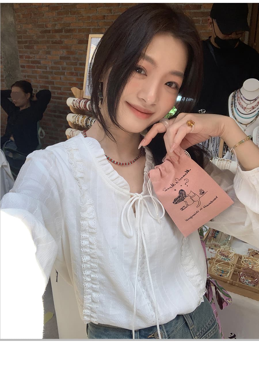 남쪽 법 가을의 날 프랑스식 레이스업 레이스 칼라 2026 화이트 여성 셔츠 작은 키 Chic 부드러운 바람 셔츠 상세 이미지 13