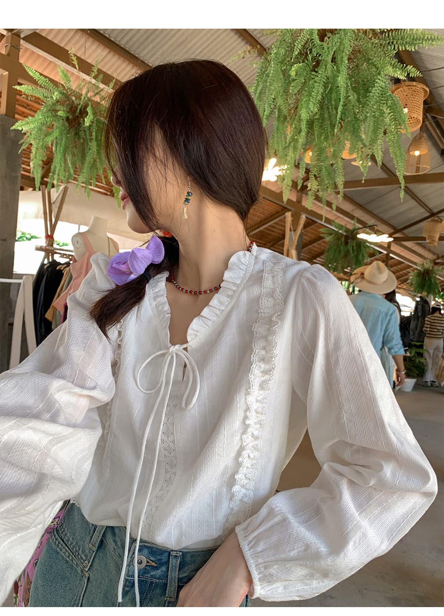 남쪽 법 가을의 날 프랑스식 레이스업 레이스 칼라 2026 화이트 여성 셔츠 작은 키 Chic 부드러운 바람 셔츠 상세 이미지 18