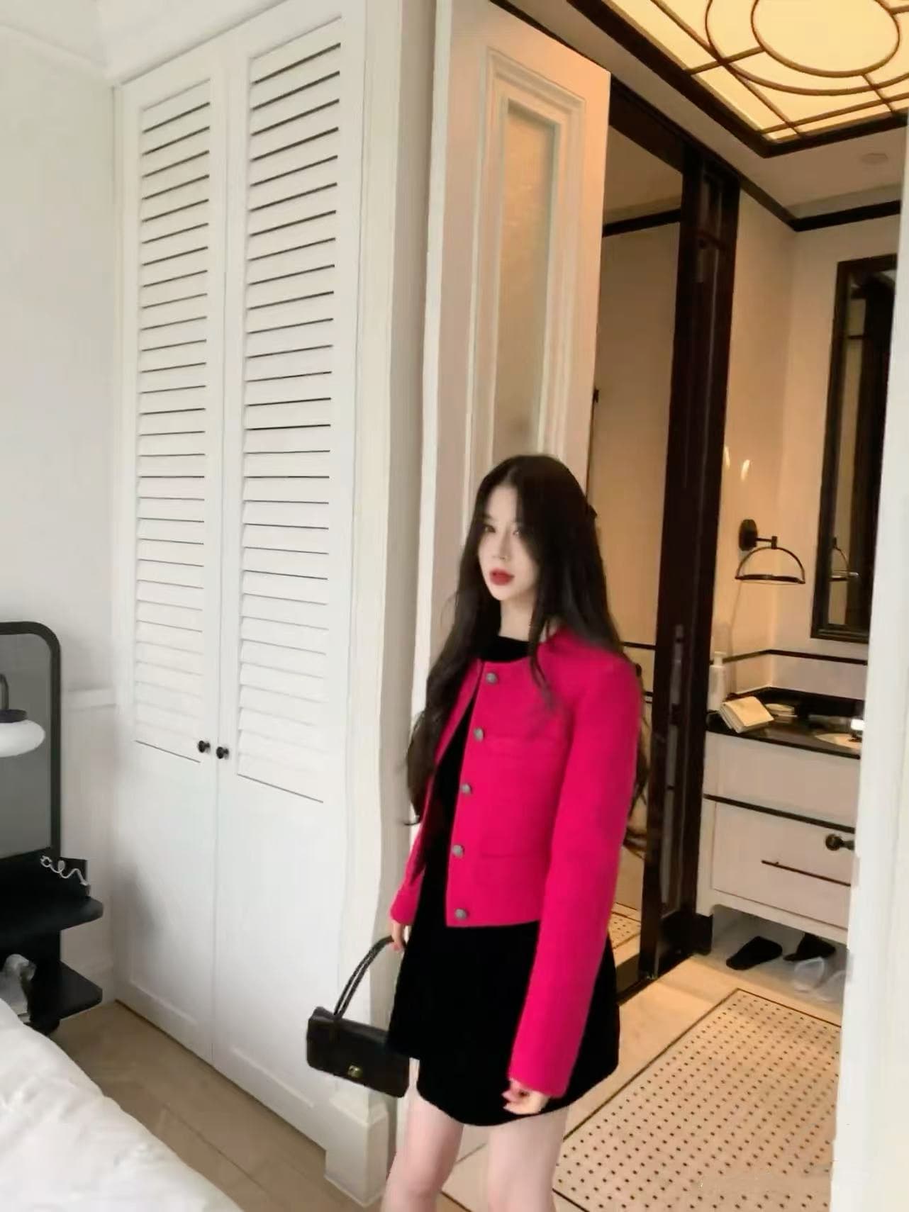 품격 천 골드 로즈 레드 프랑스식 작은 샤넬 스타일 쇼트 스타일 재킷 상세 이미지 3
