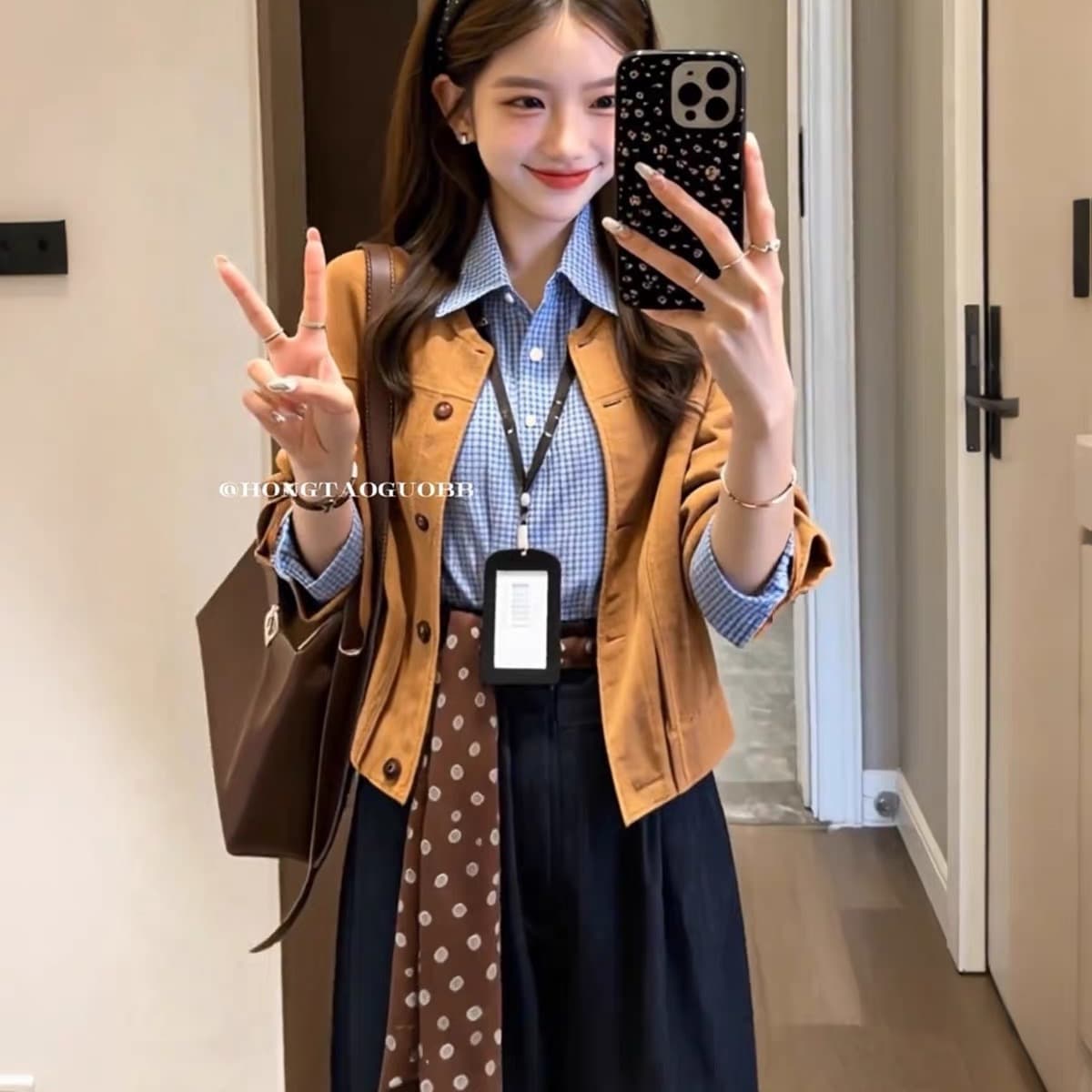 가을 ootd 착용 가져 가라. 전체 집합 한 부서 학원 스타일 파란색 스트라이프 셔츠 짧은 외투 와이드 레그 팬츠 세 조각 여성 세트 이미지 5