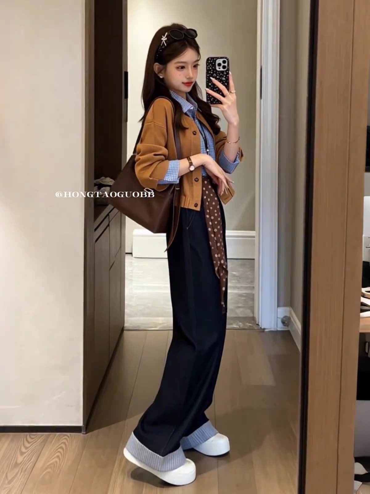 가을 ootd 착용 가져 가라. 전체 집합 한 부서 학원 스타일 파란색 스트라이프 셔츠 짧은 외투 와이드 레그 팬츠 세 조각 여성 세트 상세 이미지 1