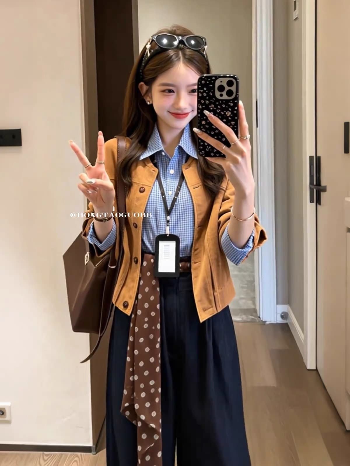 가을 ootd 착용 가져 가라. 전체 집합 한 부서 학원 스타일 파란색 스트라이프 셔츠 짧은 외투 와이드 레그 팬츠 세 조각 여성 세트 상세 이미지 4