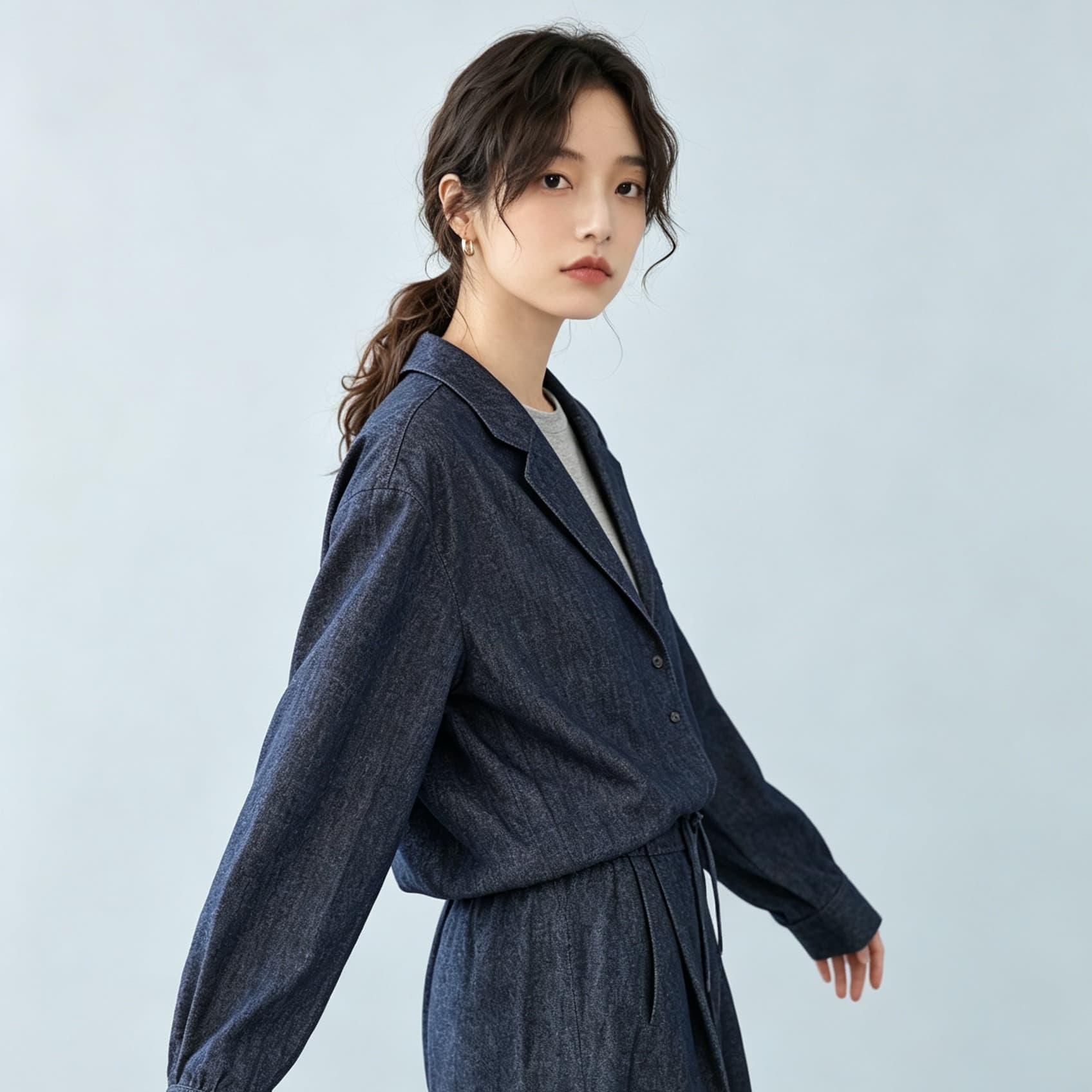 리넨 면화 데님 세트 페이크 레이어드 재킷 넓은 다리 길이 바지 패션 슬림해 보이는 캐주얼 세트 이미지 5
