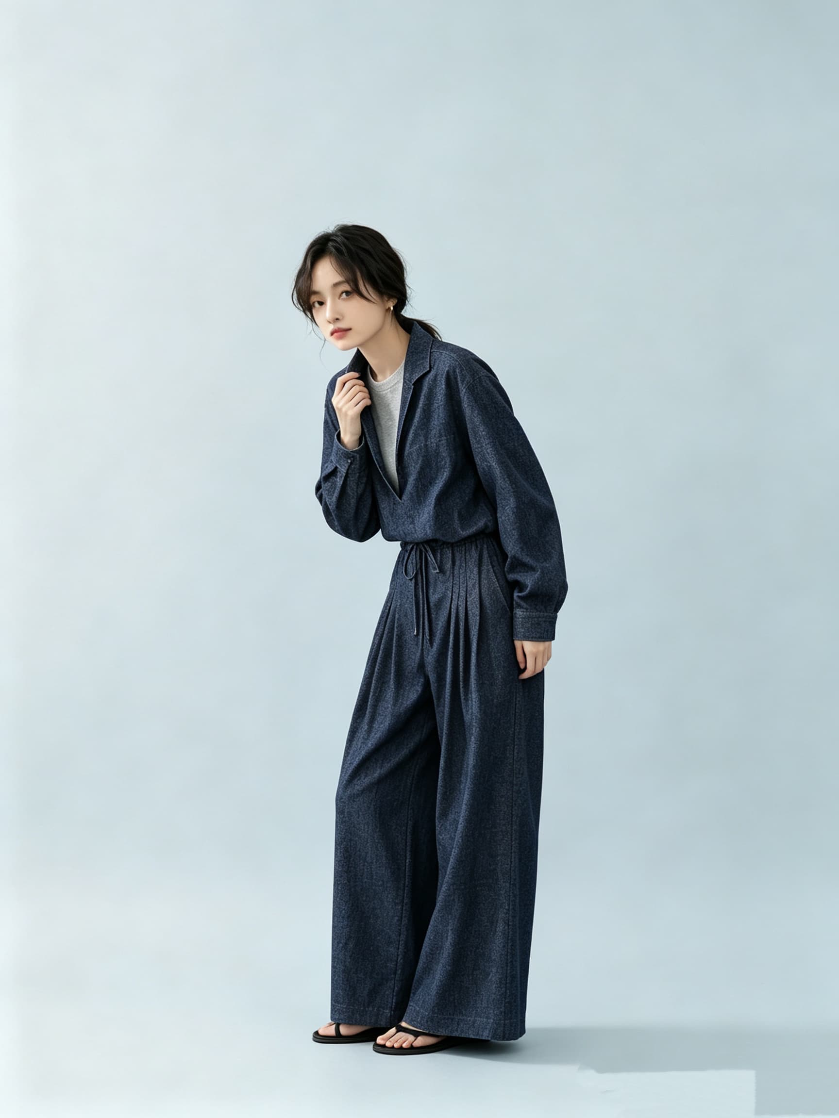리넨 면화 데님 세트 페이크 레이어드 재킷 넓은 다리 길이 바지 패션 슬림해 보이는 캐주얼 세트 상세 이미지 9