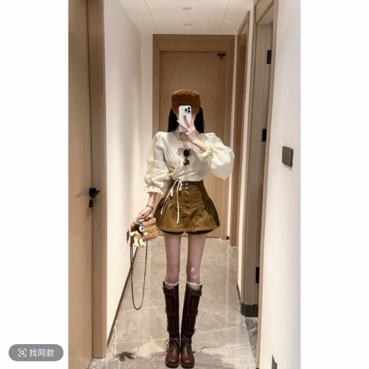 xu jing 살구 색상 레이스 레이스 V넥 하나 슬라이스 레이스업 스트랩 맨위 데님 스커트 이미지 3