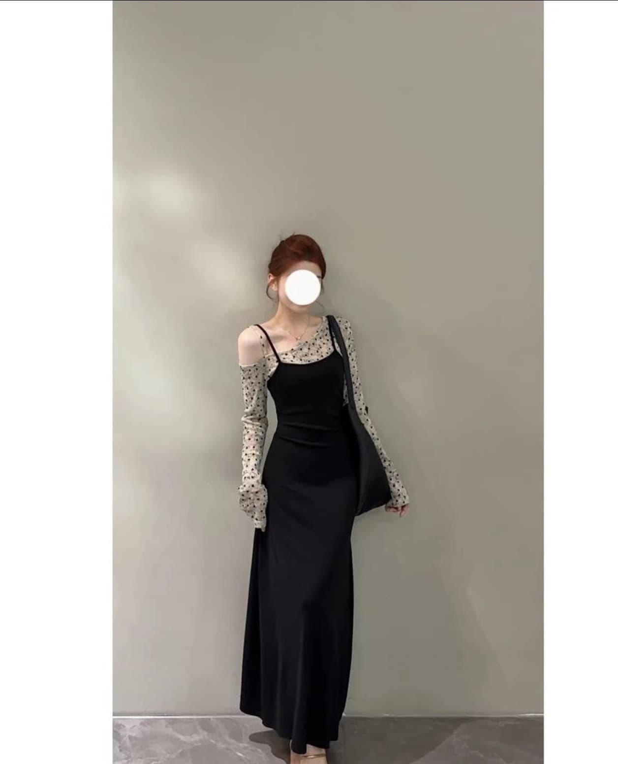 새로운 하트 도트 무늬 비스듬한 어깨 패치워크 허리 수축 슬림해 보이는 롱 스커트 품격 페이크 레이어드 긴팔 드레스
