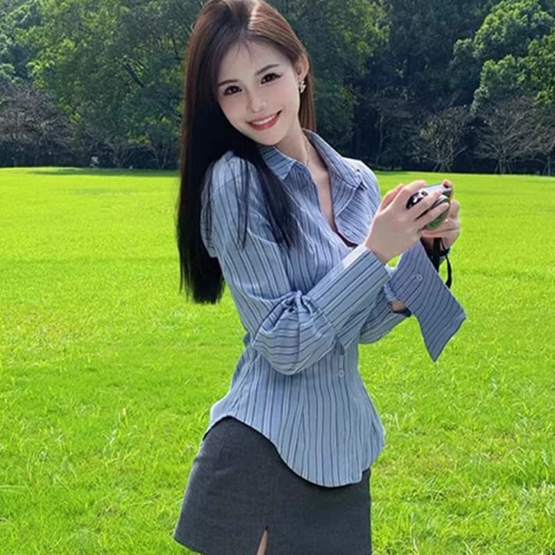 순수한 욕망 핫걸 자수 질감 센스 아메리칸 몸매 가꾸기 허리 수축 여성 셔츠 디자인 센스 기본 셔츠 맨위 셔츠 봄 가을 상세 이미지 1