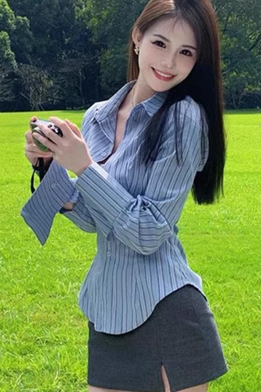 순수한 욕망 핫걸 자수 질감 센스 아메리칸 몸매 가꾸기 허리 수축 여성 셔츠 디자인 센스 기본 셔츠 맨위 셔츠 봄 가을 상세 이미지 2