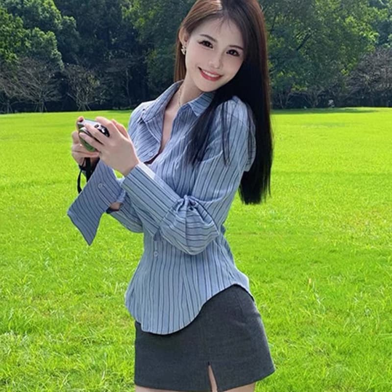 순수한 욕망 핫걸 자수 질감 센스 아메리칸 몸매 가꾸기 허리 수축 여성 셔츠 디자인 센스 기본 셔츠 맨위 셔츠 봄 가을 상세 이미지 5