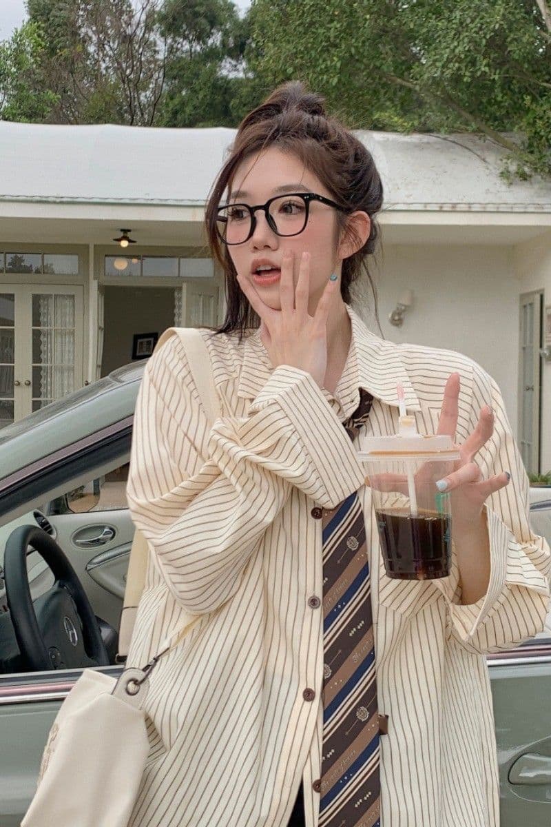 새로운 품격 스트라이프 삽입 어깨 소매 셔츠 봄 가을 여성 일본식 긴팔 루즈핏 긴팔 셔츠 다용도 레트로 맨위 상세 이미지 2