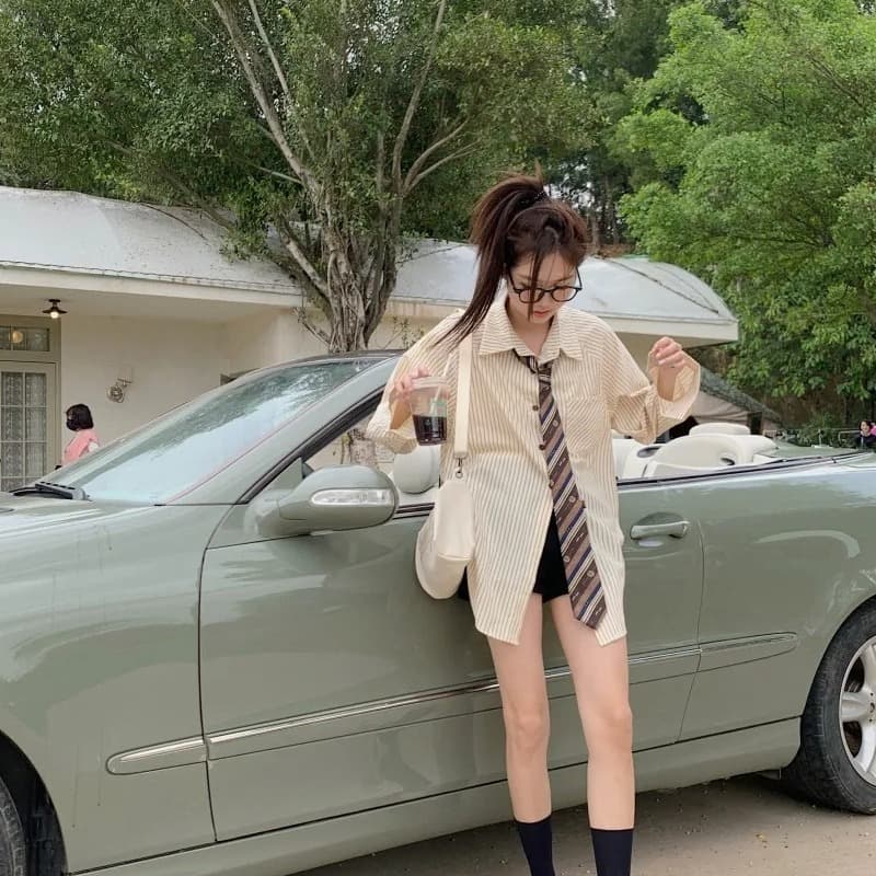 새로운 품격 스트라이프 삽입 어깨 소매 셔츠 봄 가을 여성 일본식 긴팔 루즈핏 긴팔 셔츠 다용도 레트로 맨위 상세 이미지 5