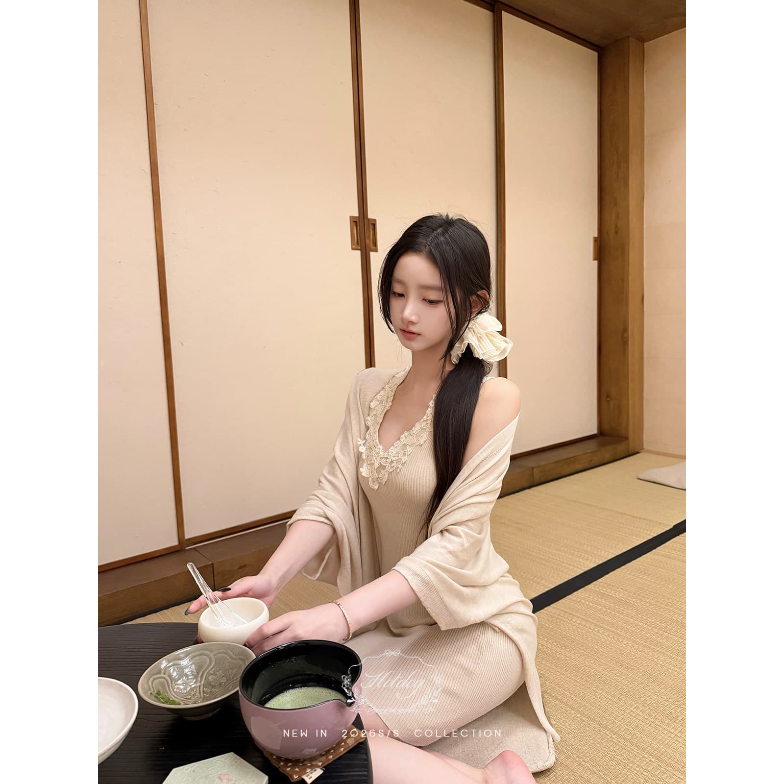 연애 편지 한 가지 소식 둘 색상 숄 레이스 V넥 드레스 우아함 세트 여성 상세 이미지 2