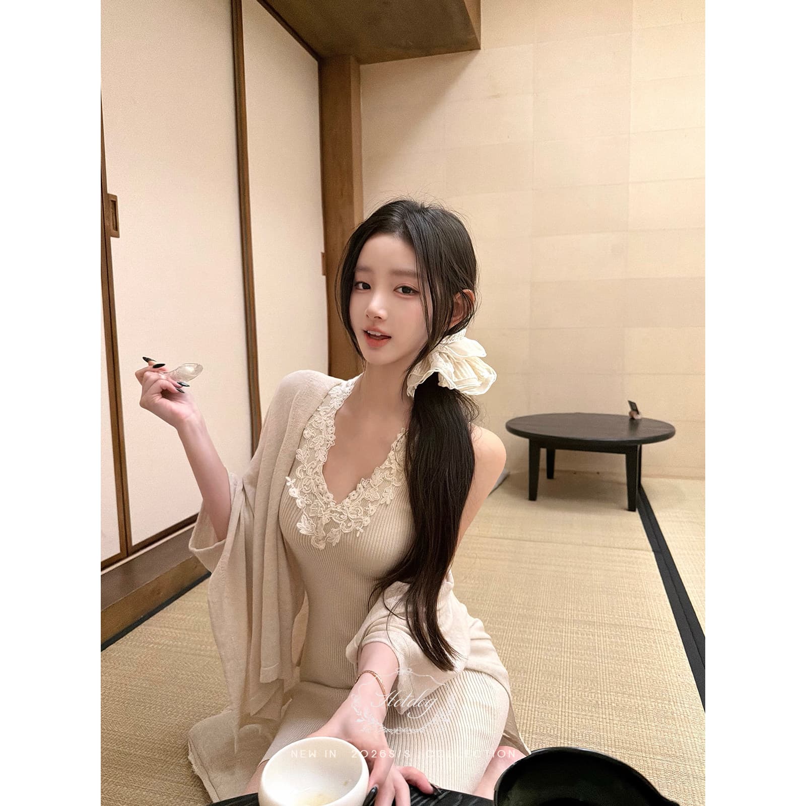 연애 편지 한 가지 소식 둘 색상 숄 레이스 V넥 드레스 우아함 세트 여성 상세 이미지 3