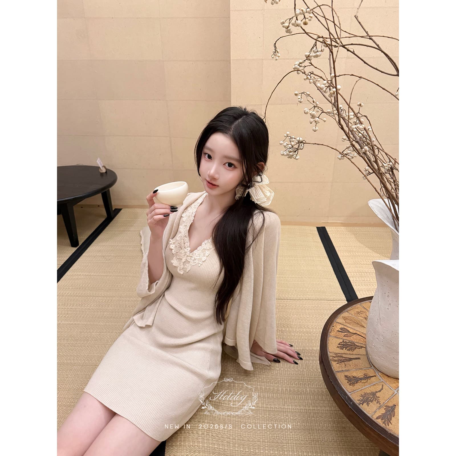 연애 편지 한 가지 소식 둘 색상 숄 레이스 V넥 드레스 우아함 세트 여성 상세 이미지 5