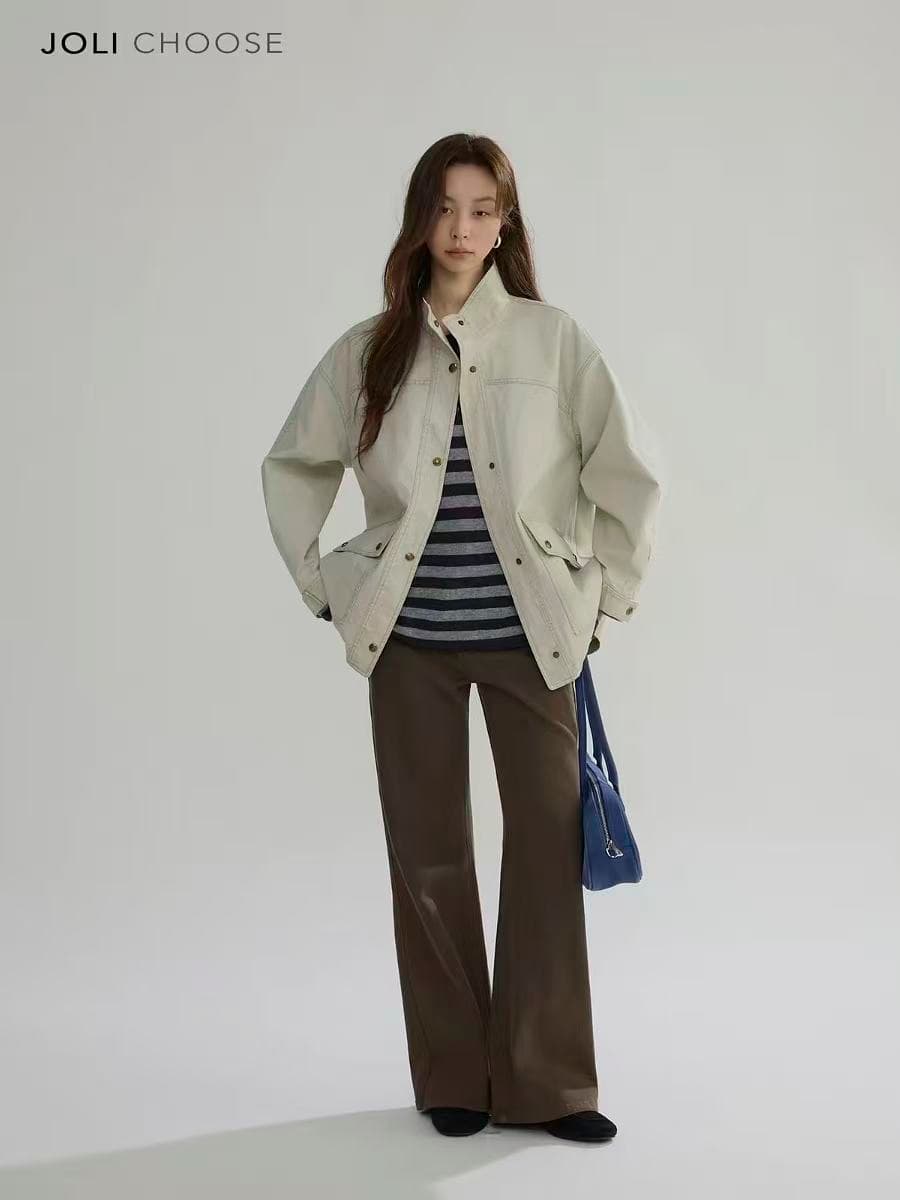 joli choose 봄 새로운 루즈핏 스탠드 칼라 여성 코트 디자인 센스 캐주얼 패션 작은 대중 워크웨어 재킷 상세 이미지 4