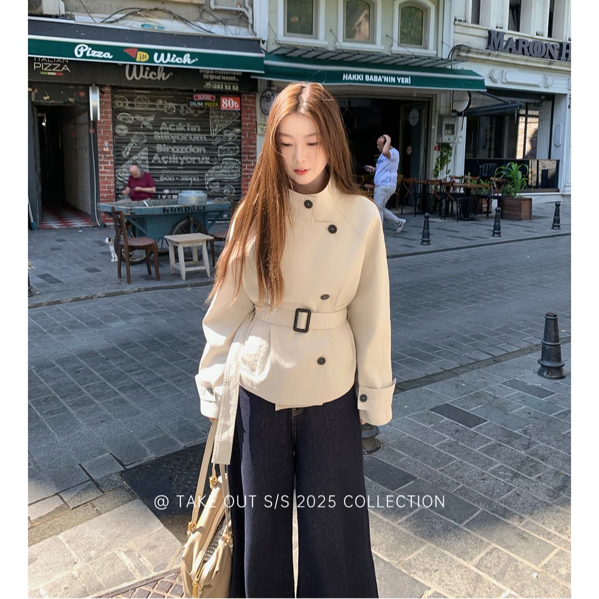 테이크 아웃 도착 함 서울 휴일 이른 가을 한 부서 쇼트 스타일 바람막이 여성 코트 영국식 바람 스탠드 칼라 허리 수축 재킷