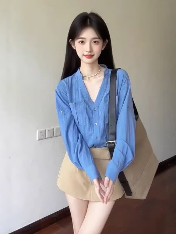 가을 2026 한 부서 파란색 V넥 긴팔 여성 셔츠 품격 카키 색 하이웨이스트 슬림해 보이는 바지 투피스 슈트 이미지 3