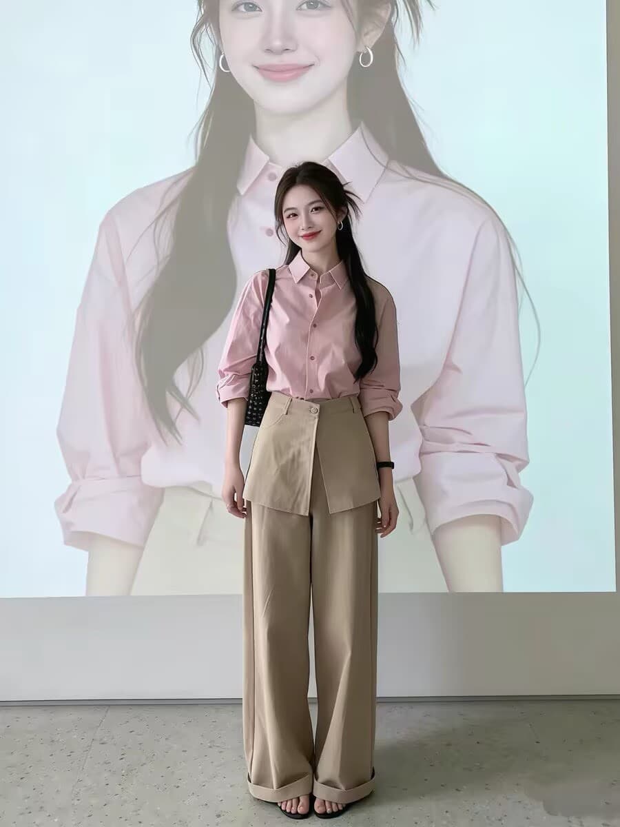 품격 전체 집합 ootd 착용 가져 가라. 한 부서 자이언트 잘 생긴 핑크색 셔츠 와이드 레그 팬츠 투피스 슈트 2026 가을 섹션 이미지 2