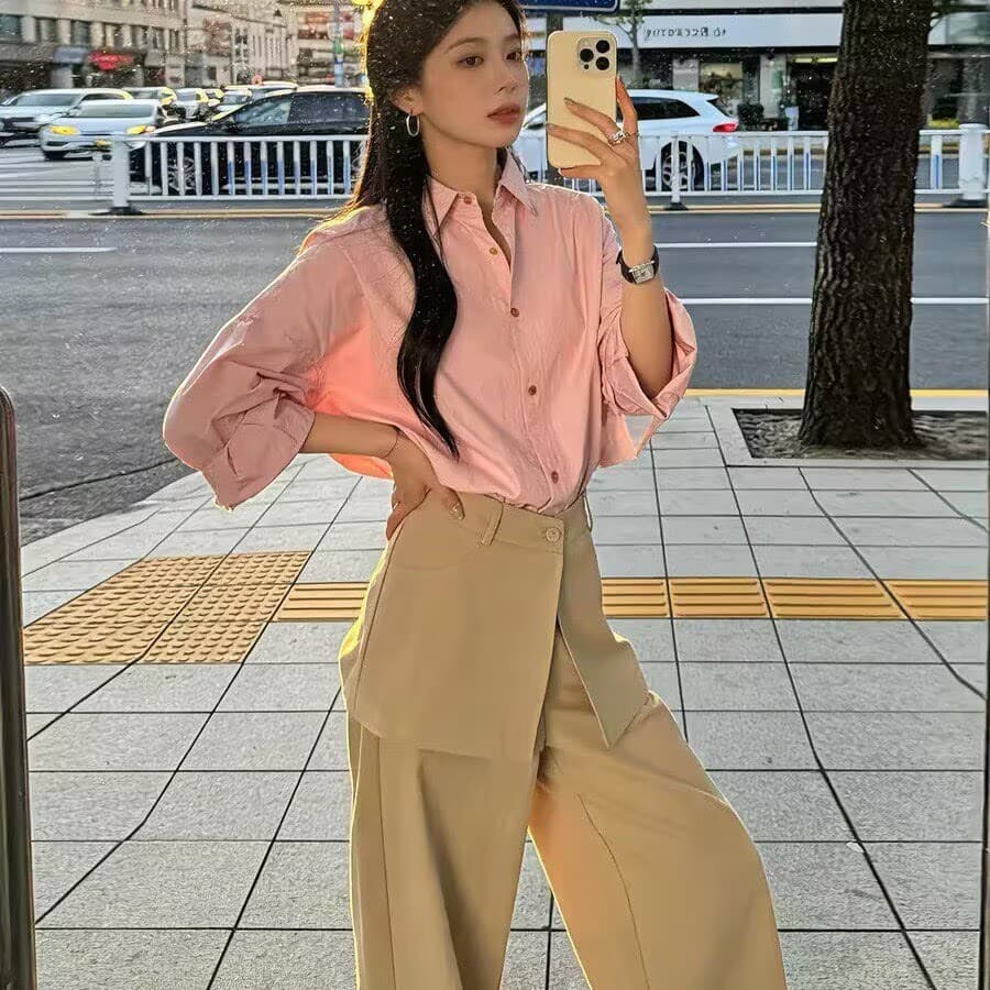 품격 전체 집합 ootd 착용 가져 가라. 한 부서 자이언트 잘 생긴 핑크색 셔츠 와이드 레그 팬츠 투피스 슈트 2026 가을 섹션 이미지 5