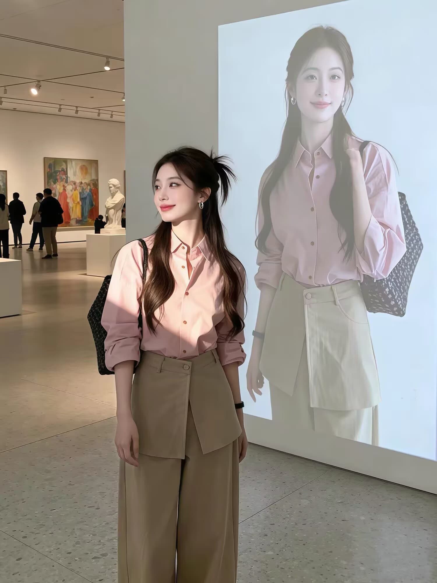 품격 전체 집합 ootd 착용 가져 가라. 한 부서 자이언트 잘 생긴 핑크색 셔츠 와이드 레그 팬츠 투피스 슈트 2026 가을 섹션 이미지 3