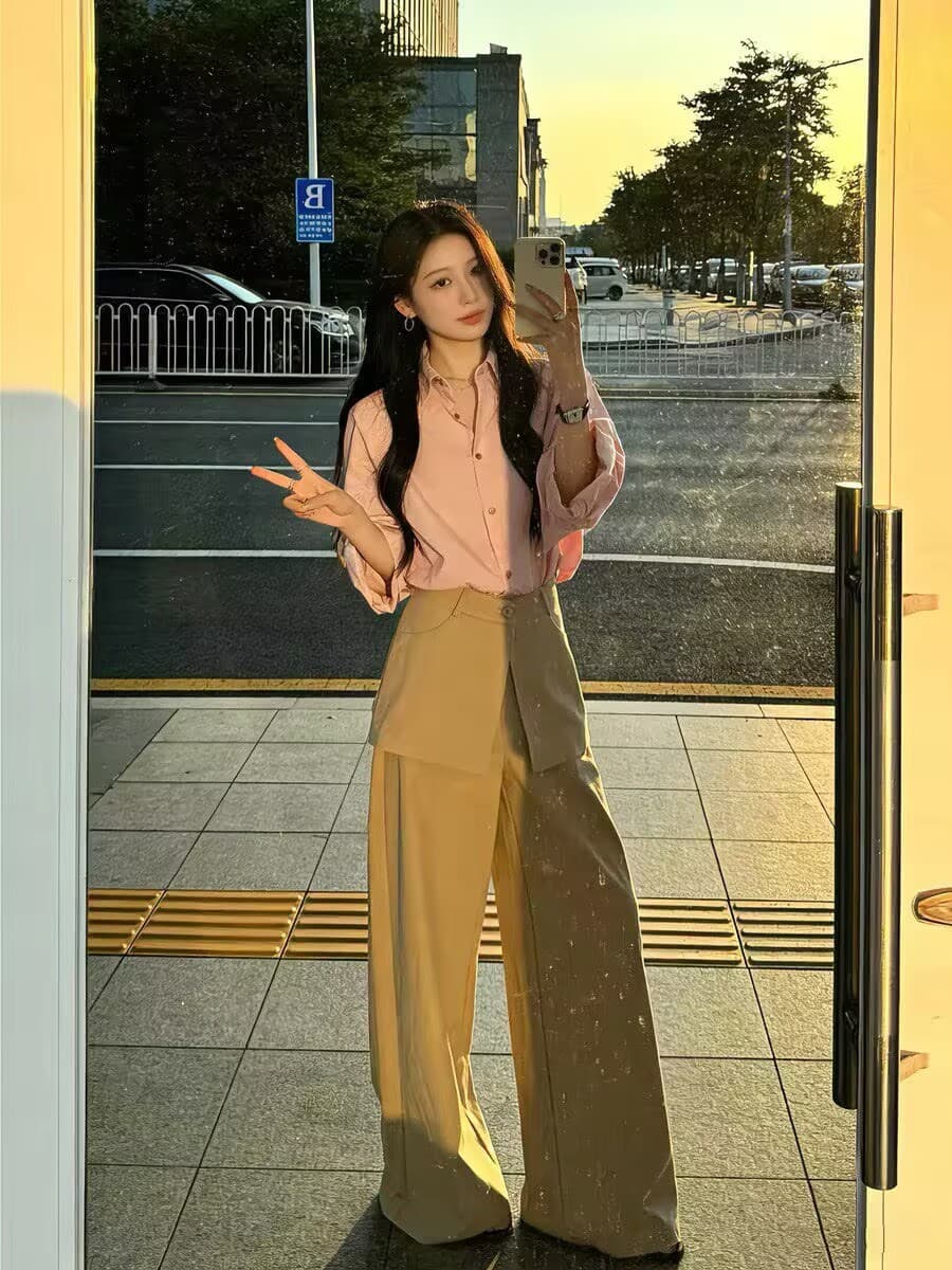 품격 전체 집합 ootd 착용 가져 가라. 한 부서 자이언트 잘 생긴 핑크색 셔츠 와이드 레그 팬츠 투피스 슈트 2026 가을 섹션 상세 이미지 3
