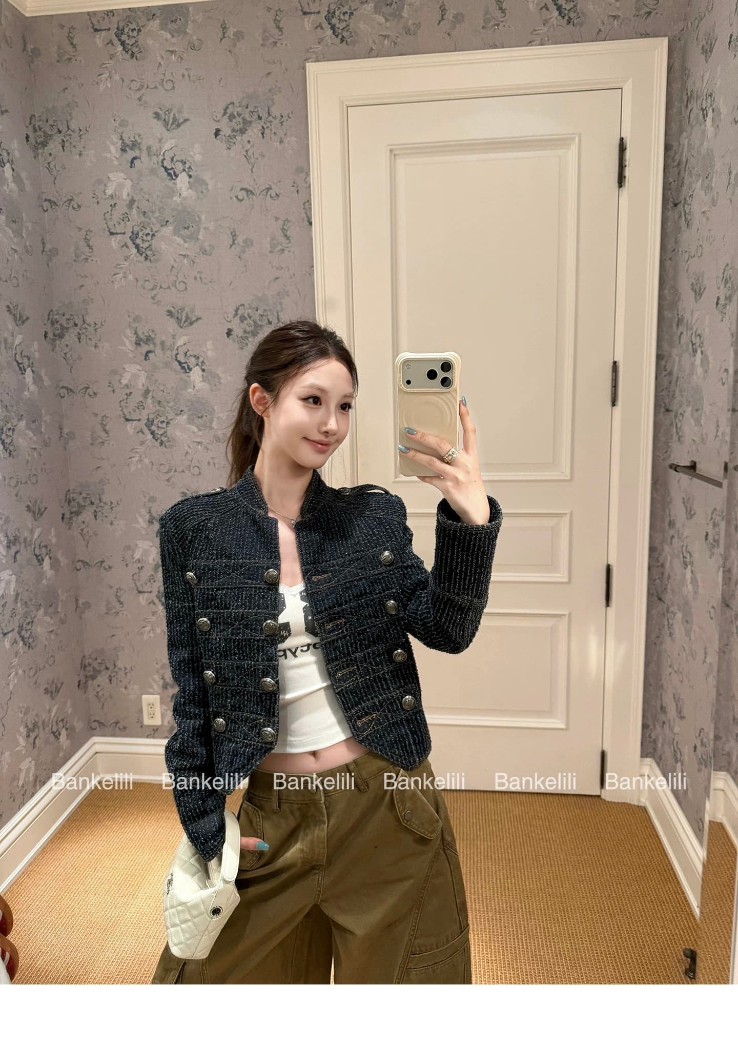 밤나무 코코아 bankelili 나폴레옹 스탠드 칼라 단추 데님 여성 코트 작은 대중 디자인 쇼트 스타일 재킷 이미지 3