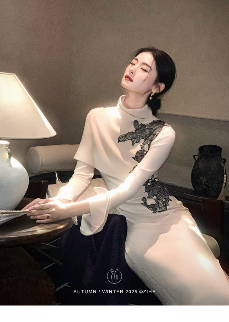 새로운 가을 메이플 시리아 새로운 중식 니트 여성 드레스 이른 가을 프랑스식 망토 숄 긴팔 치파오 롱 스커트 이미지 2