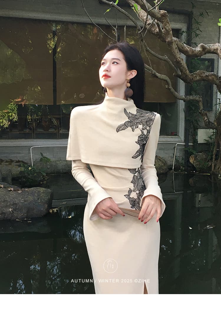 새로운 가을 메이플 시리아 새로운 중식 니트 여성 드레스 이른 가을 프랑스식 망토 숄 긴팔 치파오 롱 스커트 이미지 4