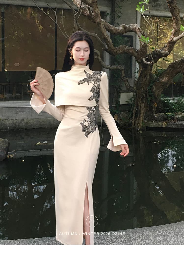 새로운 가을 메이플 시리아 새로운 중식 니트 여성 드레스 이른 가을 프랑스식 망토 숄 긴팔 치파오 롱 스커트 상세 이미지 6