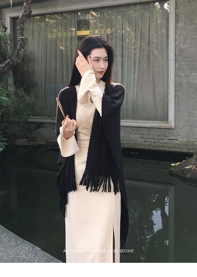 새로운 가을 메이플 시리아 새로운 중식 니트 여성 드레스 이른 가을 프랑스식 망토 숄 긴팔 치파오 롱 스커트 상세 이미지 7