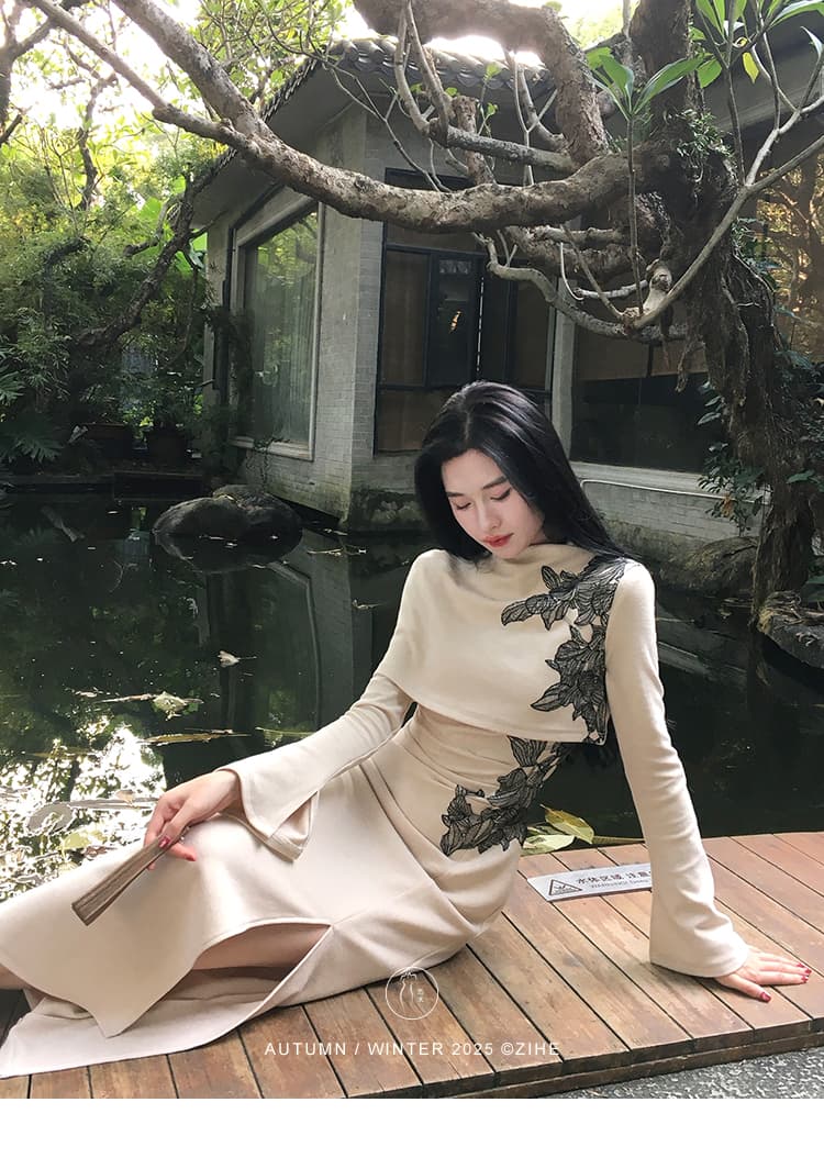 새로운 가을 메이플 시리아 새로운 중식 니트 여성 드레스 이른 가을 프랑스식 망토 숄 긴팔 치파오 롱 스커트 상세 이미지 8