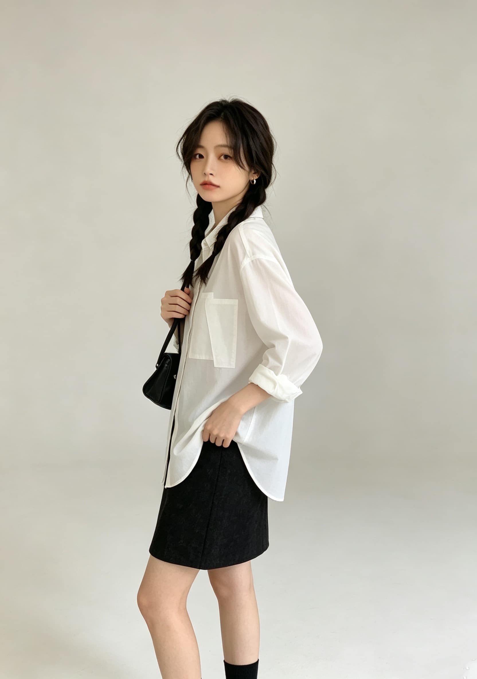 단색 미니멀리즘 폴로 칼라 셔츠 여성 레저 빅 포켓 도루 센스 긴팔 맨위 이미지 2