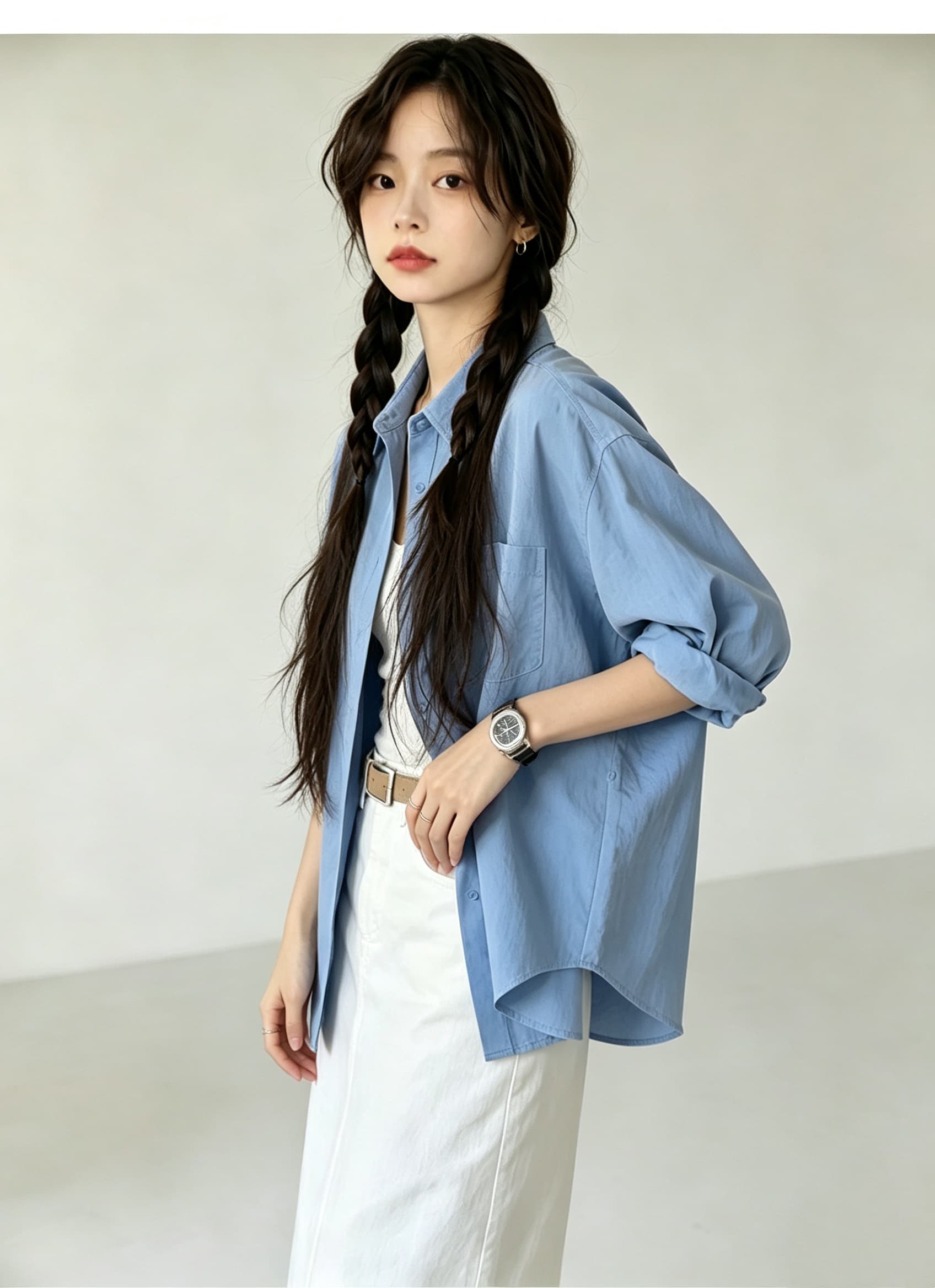 단색 미니멀리즘 폴로 칼라 셔츠 여성 레저 빅 포켓 도루 센스 긴팔 맨위 이미지 4