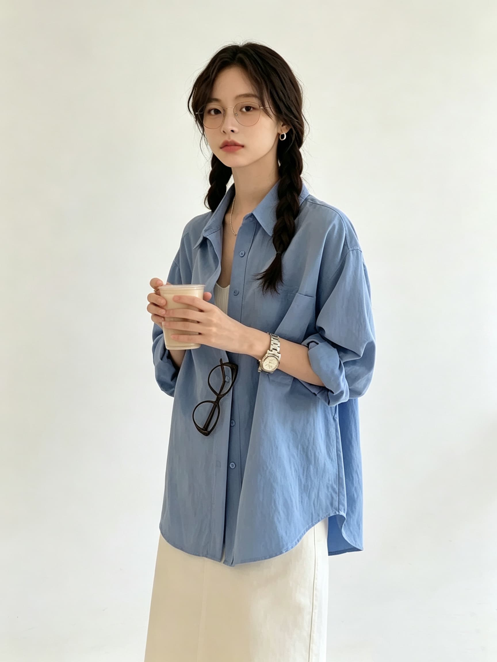단색 미니멀리즘 폴로 칼라 셔츠 여성 레저 빅 포켓 도루 센스 긴팔 맨위 상세 이미지 2