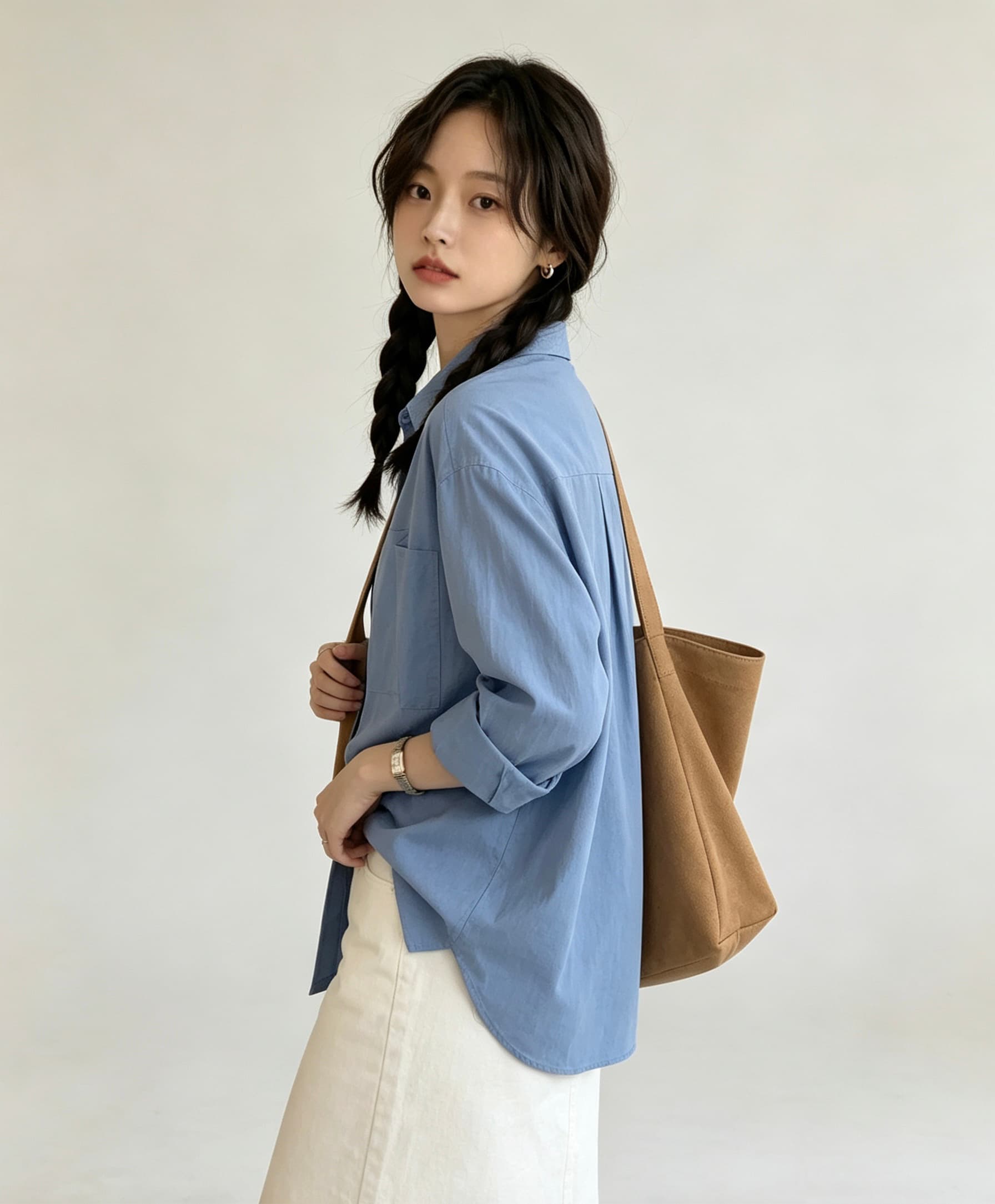 단색 미니멀리즘 폴로 칼라 셔츠 여성 레저 빅 포켓 도루 센스 긴팔 맨위 상세 이미지 4