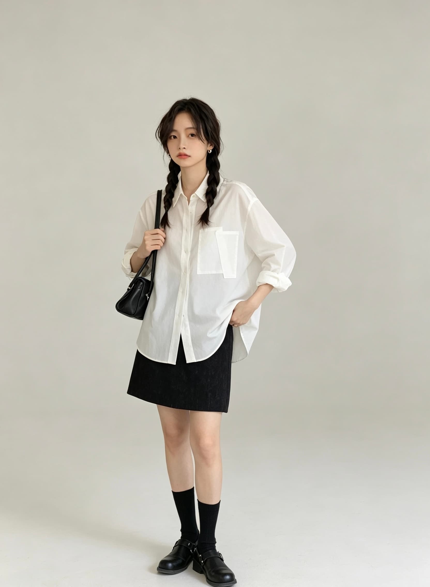 단색 미니멀리즘 폴로 칼라 셔츠 여성 레저 빅 포켓 도루 센스 긴팔 맨위 상세 이미지 19