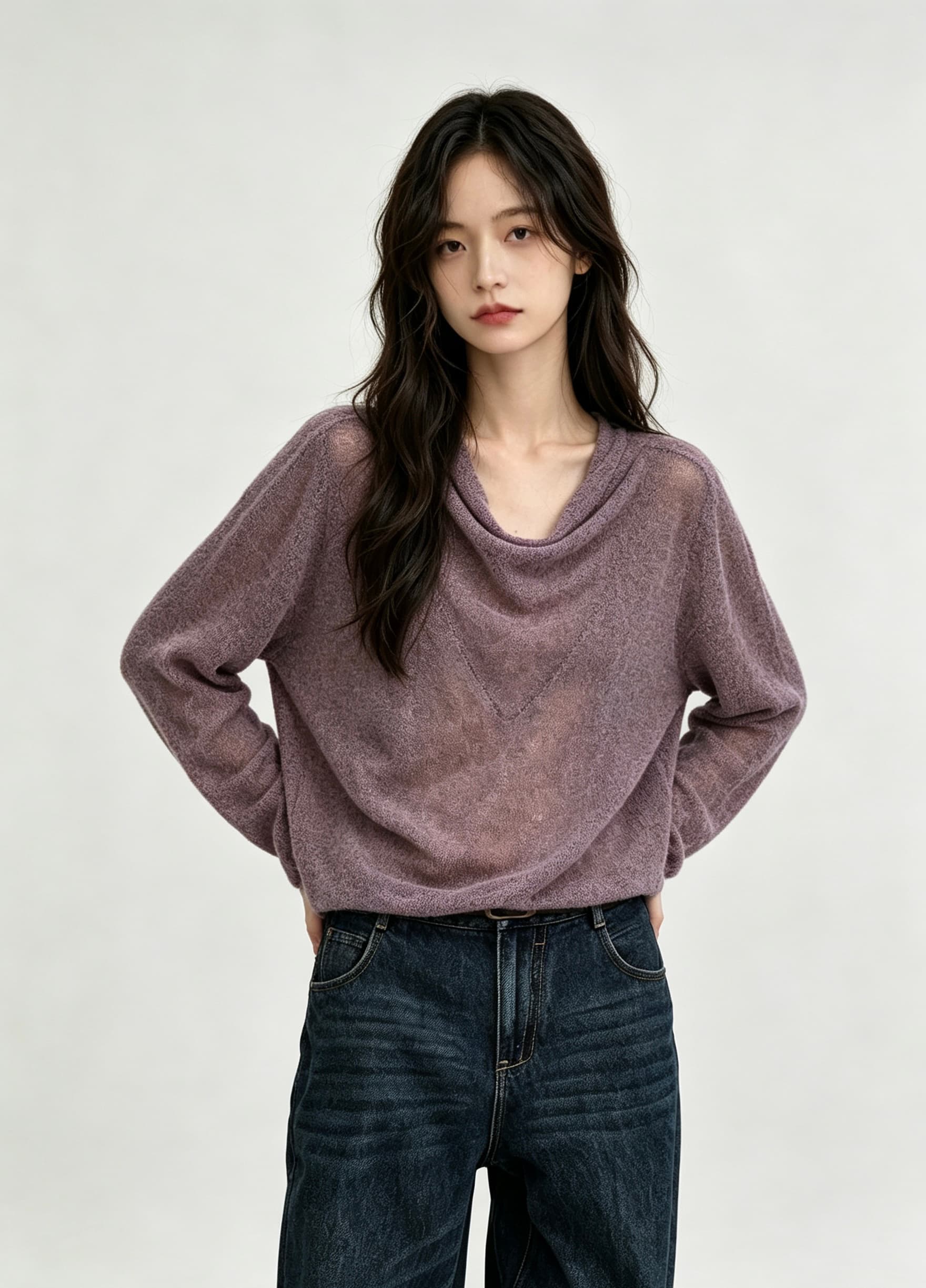 청 아침 안개 섬 레트로 홀치기 염색 공예 흔들다 칼라 좋은 양모 구름 센스 대 u 칼라 니트 스웨터 여성 상세 이미지 3