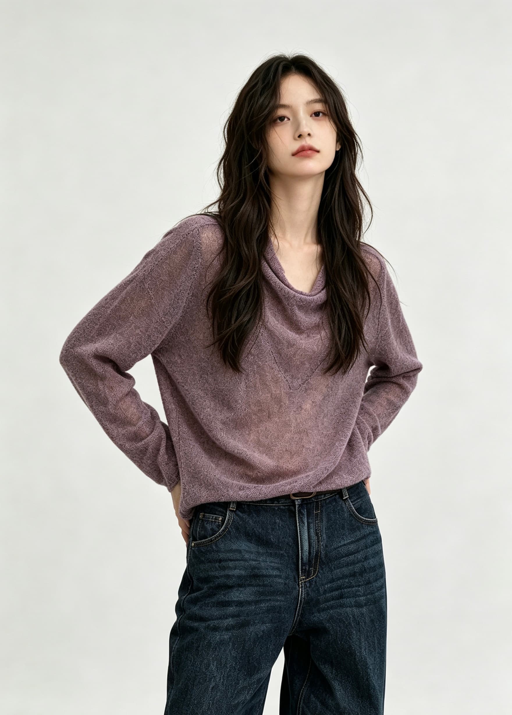 청 아침 안개 섬 레트로 홀치기 염색 공예 흔들다 칼라 좋은 양모 구름 센스 대 u 칼라 니트 스웨터 여성 상세 이미지 4