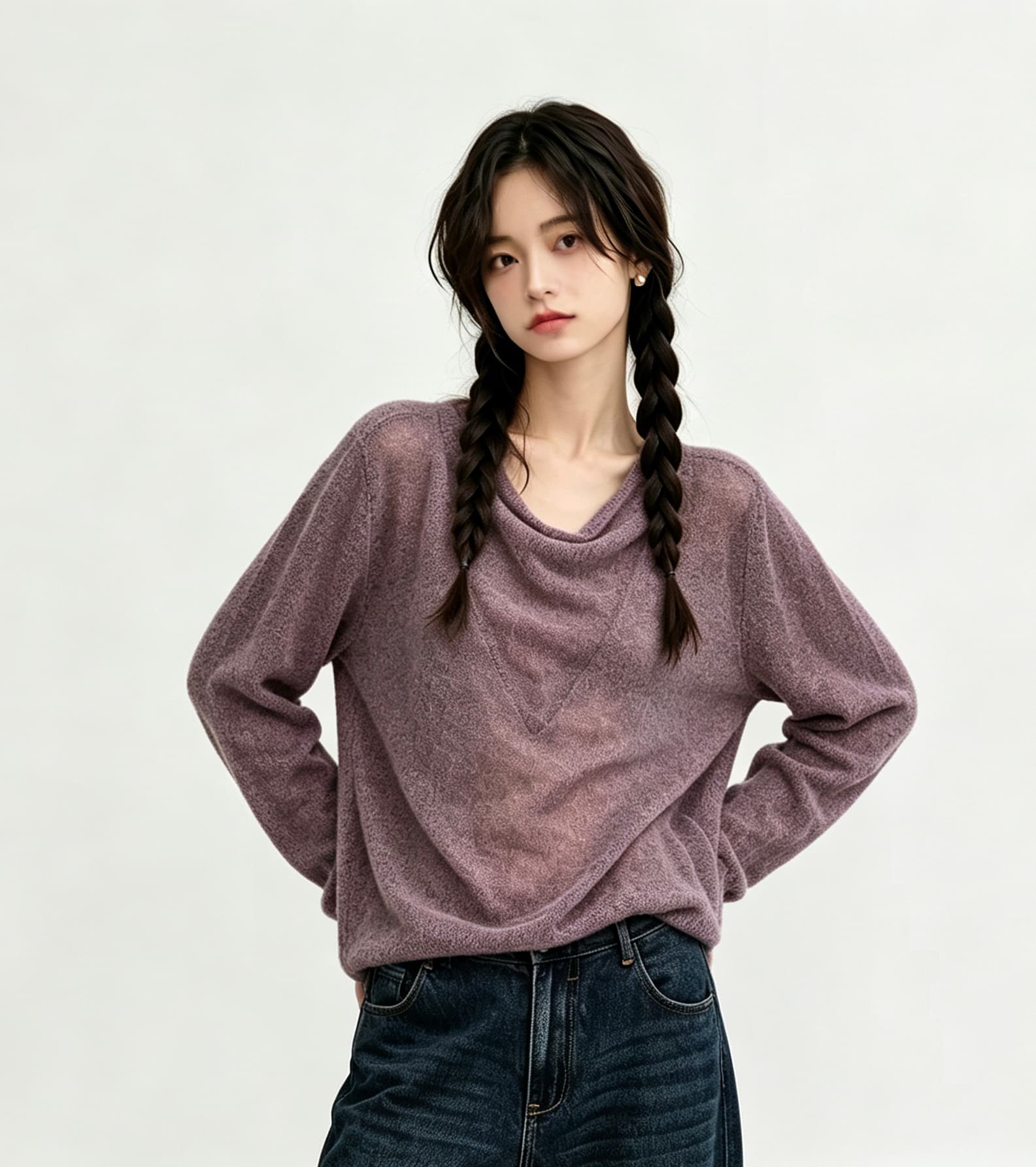 청 아침 안개 섬 레트로 홀치기 염색 공예 흔들다 칼라 좋은 양모 구름 센스 대 u 칼라 니트 스웨터 여성 상세 이미지 9