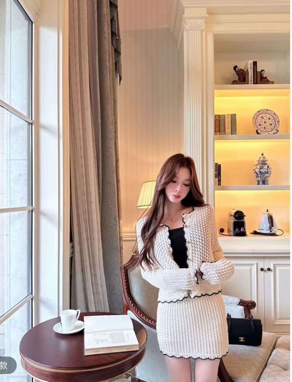 고급 센스 여성 의류 투피스 세트 작은 샤넬 스타일 니트 오픈 가디건 맨위 반신 치마 세트 2026 이른 가을 새로운 상세 이미지 4